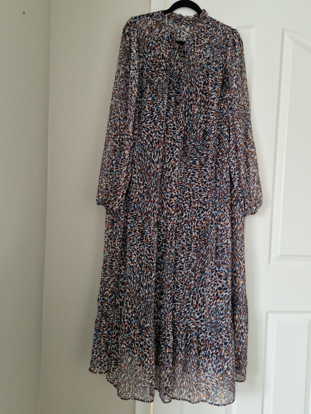 Long Sleeve Multi-Color Patterned Midi Dress — Blue & Brown